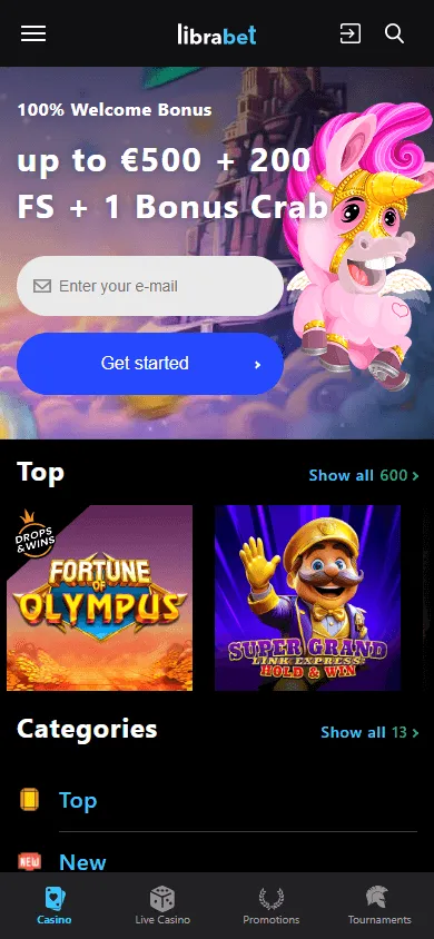 Librabet Casino mobile games screen